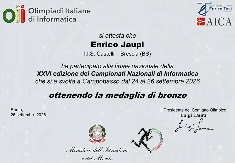 OII 2026 national final, bronze medal certificate