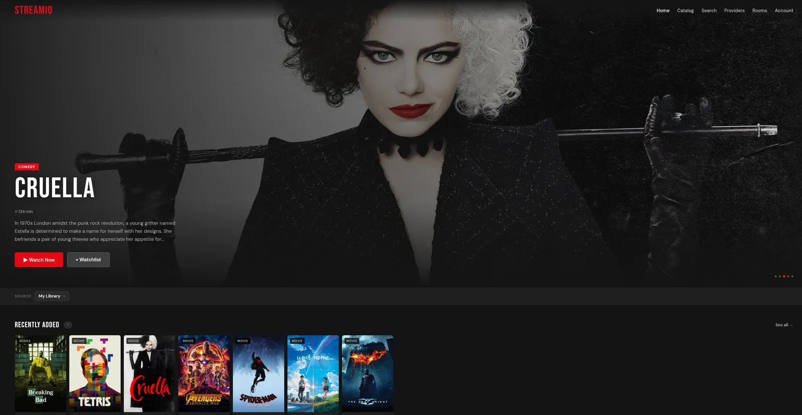 Streamio home page with a featured title and a row of recently added movies