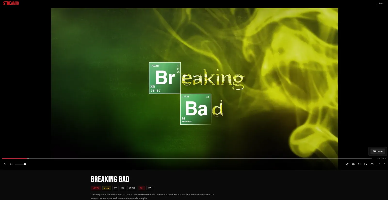 Streamio video player with playback controls